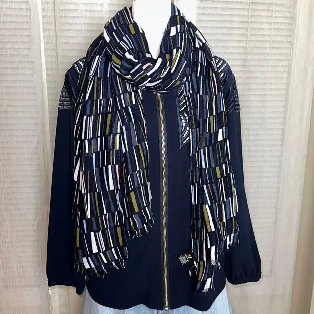 Ann Taylor Lightweight Rayon Navy Multi Linear Print Raw Fringe Edge Scarf Wrap